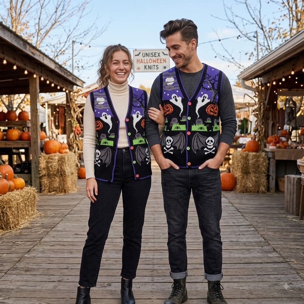 Blizzard Bay Halloween Sweater Vest Unisex Large Graveyard Ghost Pumpkin Skull L